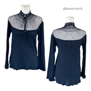 FREE PEOPLE - On the Island -  Indigo Navy Boho Crochet Long Sleeve Top - NWOT